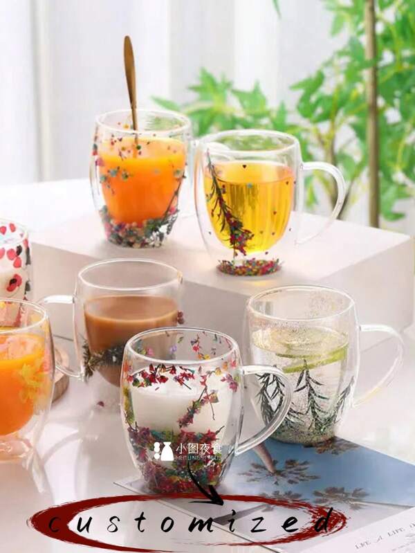 1pc Customized Double-Layer Dried Flower Glass Cup, Can Customize LOGO/Pattern, With Handle, Heat Resistant, High Borosilicate Glass, 350ml, Great Gift For Father, Mother, Friend, Colleague, Suitable For Birthday, Daily Use, Gift Customization