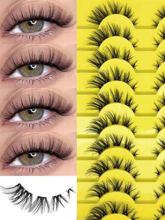 10 Pairs Cat Eye False Eyelashes, Natural Crossing Eyelashes, Clear Strip, Natural Looking Eyelash Extension For Makeup, Curled Cat Eye Stems, Suitable For Beginners And Cosplayers