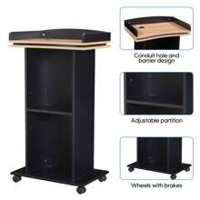 Podium Stand, Holz Podium mit Rädern, Lectern mit Lagerung, Mikrofon Stand Platz, 15MM Partikelplatte, Holz Kanzel für Restaurants, Kirchen, Seminare und Schulen, Das Podium verfügt über einen eleganten schwarzen Körper, ergänzt durch natürliche Holzfarbenen Platten und eine Oberfläche, die einen anspruchsvollen und eleganten Look bietet. Die Oberfläche ist mit einer doppelschichtigen Struktur ausgebildet, die sowohl die Stabilität als auch die Ästhetik verbessert. Das Podium ist mit minimalen Komponenten konzipiert, wodurch die Montage extrem einfach und schnell ist