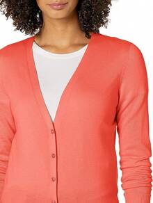 Women's Lightweight V‑Neck Cardigan Sweater - Open Front Long Sleeve Soft Knit Plus Size Available - Coral Pink - View 3
