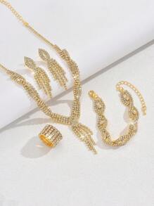 Ensemble de bijoux : collier, boucles d'oreilles et bracelet orné de strass, collier de style européen et américain avec diamants, accessoire de mariée cadeau