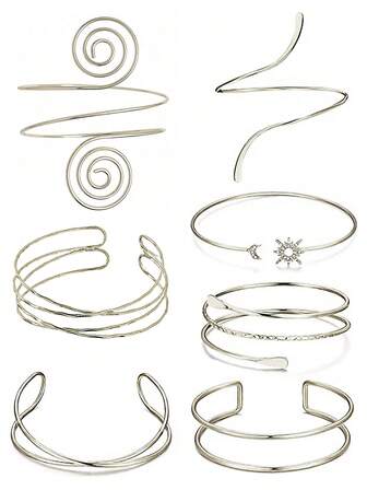 Set de 7 piezas Pulseras metálicas geométricas ajustables de espiral de plata, decoración de joyería de playa de verano, se pueden usar como accesorios de Halloween