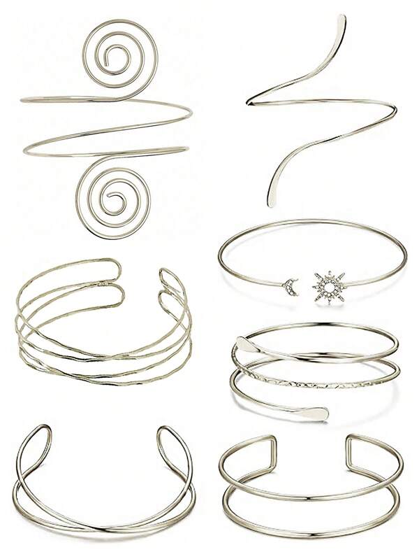 Set de 7 piezas Pulseras metálicas geométricas ajustables de espiral de plata, decoración de joyería de playa de verano, se pueden usar como accesorios de Halloween