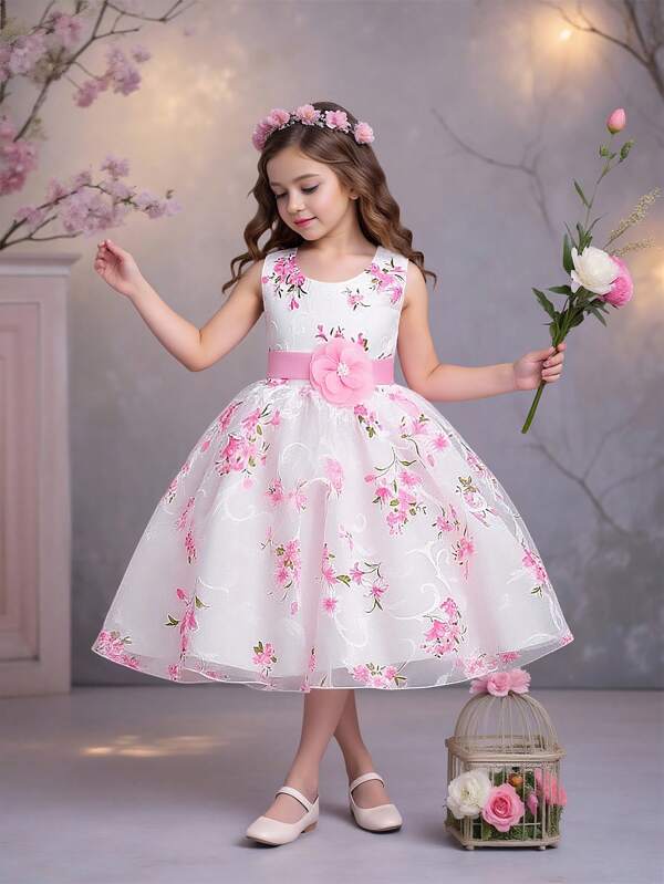 Vestido con falda de tul de malla con estampado floral sin mangas y cuello redondo para niñas jóvenes, elegante, sin incluir el accesorio para el cabello