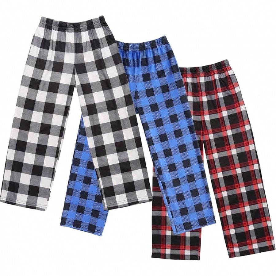 Boys Pajama Pants 3 Pack Sleep Pants Soft Elastic Waist Kids Pajama Bottoms Plaid Lounge Pants With 2 Pockets - B-模式9 - 查看 1