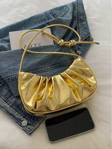时尚纯色金色云朵褶皱PU女士手提包，简约甜美风格单肩包、斜挎包。适合购物、手提包、学生、年轻女性、办公室女性。非常适合办公室、大学、工作、商务、通勤、户外活动、旅行和野餐。