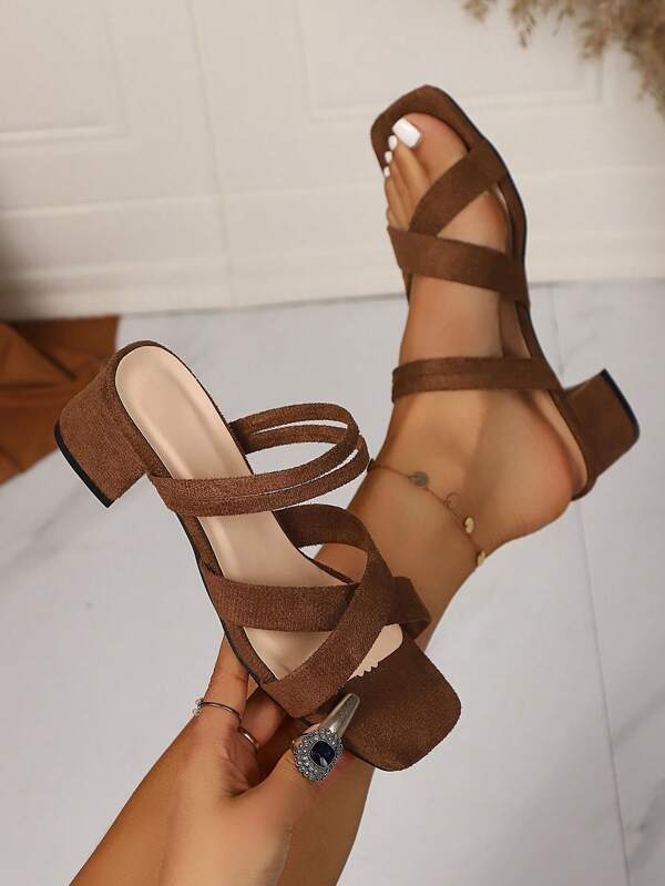 Women's Sexy Criss-Cross Sandals, Strap Simple Versatile Chunky Heel Square Toe Open Toe Slides
