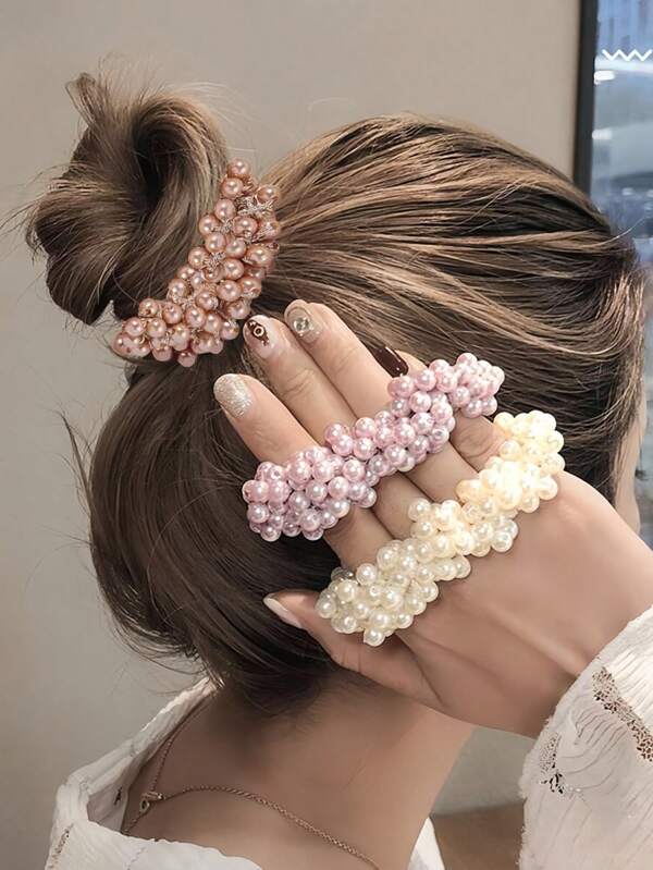 3/1 pezzo Elastici per capelli con perle artistici da donna, adatti per capelli ricci, crespi e per code di cavallo, accessori per capelli eleganti, versatili per l'uso quotidiano in tutte le stagioni, elastici per capelli, accessori per capelli, fermacode, fasce elastiche per capelli