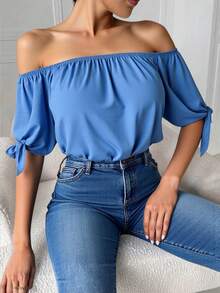 Blusa escote hombros descubiertos mangas lazo - Azul - Ver 4