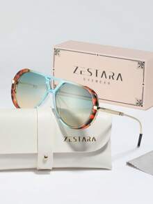 1 件女士塑料平顶飞行员时尚眼镜，时尚高端风格，适合商务旅行、通勤、日常、度假，配有精致包装飞行员形状太阳镜 - 彩色 - 查看 1