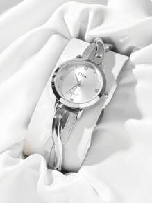 DISU 1 Pair Disus Women Stainless Steel Diamond-Studded Quartz Watch With Classic Silver Band & 1 Gold "Love" Bracelet, Suitable For Daily Wear