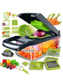 Juego de 16 piezas: Cortador multifuncional de vegetales con sistema de presión | Corta en cubos, juliana y en rodajas rápidamente | Incluye separador de claras de huevo y prensa ajos | Fácil de usar y guardar | Herramienta esencial para cocinas del hogar