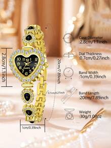 7 pièces Ensemble de bijoux femme comprenant : montre à quartz avec boîtier forme cœur et chiffres arabes, bracelet, collier, boucles d'oreilles et bague. Doré, mode et magnifique. Convient pour le port quotidien, la décoration ou en cadeau pour les fêtes.