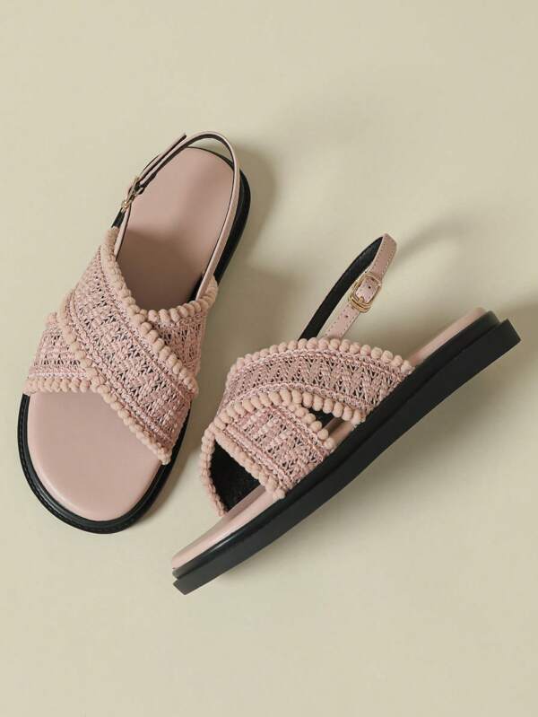 Sandalias con tira y hebilla, suela gruesa, aptas para la playa, con punta abierta, tacón de cuña, estilo bohemio vintage, suela blanda antideslizante y cómoda, con flecos, superficie de malla tejida, casual, suela blanda de cuña, nueva primavera/otoño 2025, punta redonda, color pastel, zapatos romanos con tira cruzada, tallas grandes para mujeres 41-43