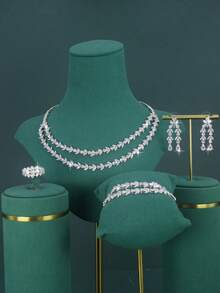 5pcs 18K Gold Plated Royal Style Water Drop Design Bridal Wedding Jewelry Set, Handset White Cubic Zirconia, Including Necklace, Bracelet, Earrings, Ring, Suitable For Daily Wedding Wear, Wedding Anniversary Gift (Luxury Gift Box Packaging) Complimentary - Water Drop Bridal Set - View 2