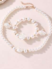 4pcs Women's Camellia & Faux Pearl Jewelry Set, Nautical Beach Style Jewelry Set, Women's Fashion Elegant Faux Pearl Jewelry