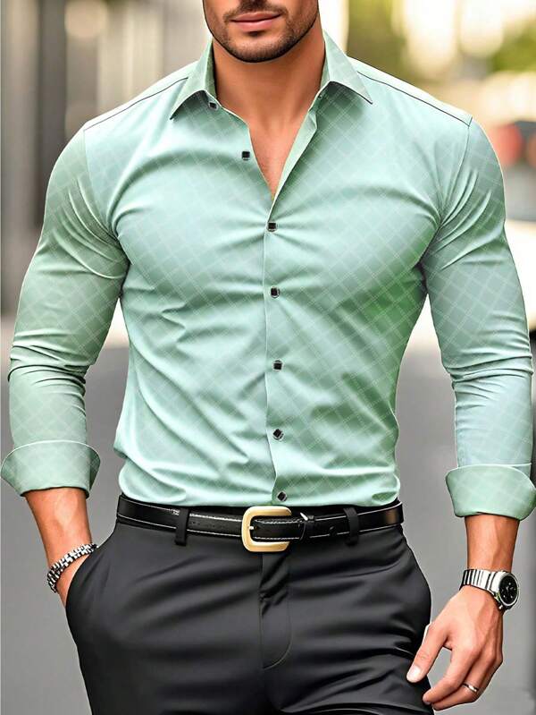 Camisa de manga larga con patrón de diamantes, casual/de negocios para hombre, para el otoño