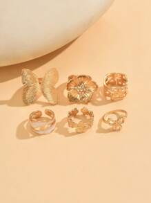 Set de 6 anillos de metal vintage con diseño de mariposa y flor esmaltada en blanco, diseño lindo y elegante de lazo, anillos apilables/de nudillo, aptos para usar diariamente, citas, reuniones y fiestas para mujeres