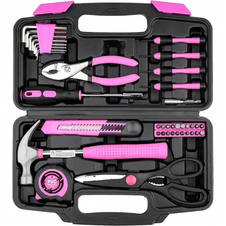 Local Shipping 2025 New Home Tool Kit General Household Hand Pink Tool Set With Plastic Toolbox Storage Case For Home, Mini Tool Kit For Women40 Pcs - 粉色 - 查看 1