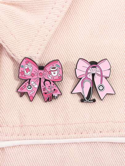 2 件可爱粉色蝴蝶结听诊器珐琅别针医疗急救箱药丸胶囊胸针翻领徽章珠宝礼物送给护士医生