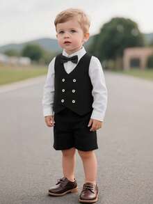 3Pcs Young Boys Formal Suit Vest, Shorts, Bow Tie Set, Elegant Young Boy Outfit, Baptism/Wedding Guest Attire For Boys - Black - View 3