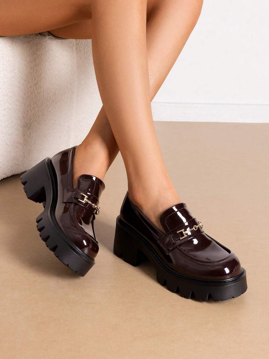 Women Platform Loafers Chunky Heel Slip On Lug Sole Fashion Loafers With Metal Casual Office Business Dressy Shoes - 棕色 - 查看 1