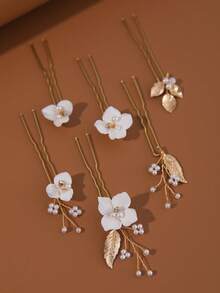 6朵手工软陶花，配以金叶和仿珍珠装饰，多功能休闲时尚新娘发夹头饰情人节配饰