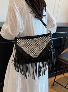 Bolso bandolera vintage de moda, bolso de hombro estilo bohemio, bolso cuadrado con borlas y remaches para decoración transversal, bolso informal de mensajería casual para viajes y uso diario, bolso de trabajo portátil tipo satchel, bolso bandolera pequeño con flecos.