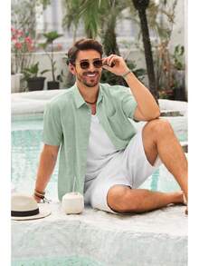 Mens Cuban Guayabera Shirts Button Down Short Sleeve Shirt Casual Linen Summer Beach Vacation Hippie Topshalloween - 粉色 - 查看 4