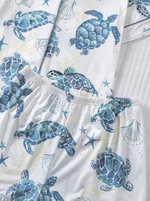 2 piezas Conjunto de pijama para niños, nueva ropa de verano de manga corta tipo cardigan informal, lavable con estampado de tortuga marina azul, adecuado para niños y niñas mayores