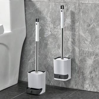 1个壁挂式/落地式塑料马桶刷，带排水支架，可拆卸长柄，刷毛浓密，无需打孔，清洁无死角，适用于马桶、浴室、卫生间的清洁。