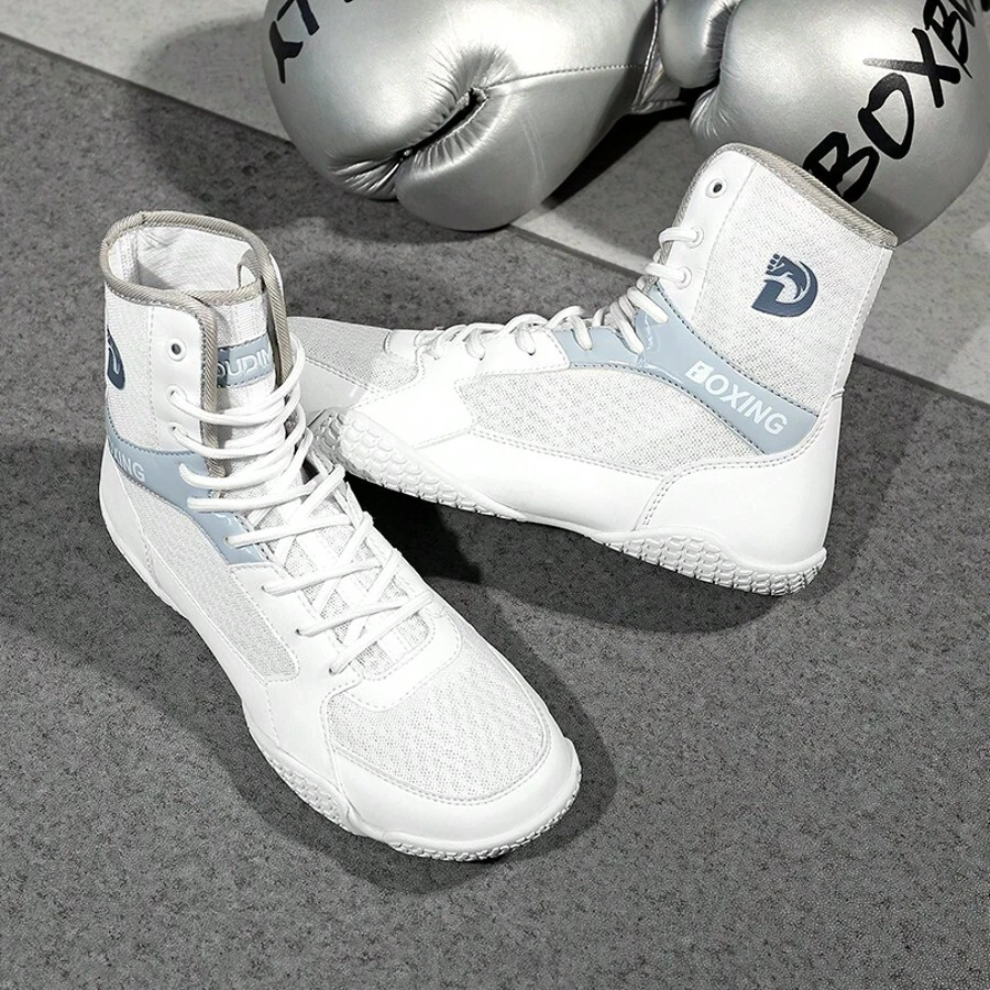 Men's Indoor Boxing Training Shoes, Rubber Sole Competition Wrestling Shoes, Combat Shoes - White Gray - View 1