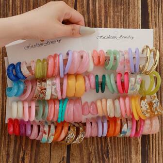 2 件-48 件全新双色树脂醋酸纤维不对称图案简约百搭耳环套装，适合通勤、送礼、派对、日常携带