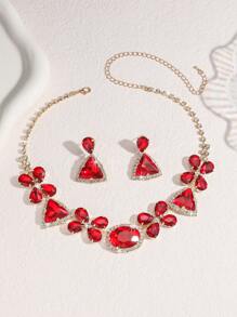 3-teiliges Set mit Halskette und Ohrringen, mit Strass und geometrischen Edelsteinen besetzt, zart und modisch, hochwertig, geeignet für den täglichen Gebrauch, Campus-Dates, Hochzeiten, Partys, Valentinstag, Urlaubsgeschenke für Frauen