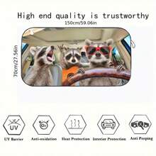1pc Cute Raccoon Pattern Car Sunshade, Fashionable And Fun Auto Accessory, Made Of Polyester Fiber, Effectively Blocks UV Rays, Provides Heat Insulation And Privacy Protection, Foldable For Easy Storage