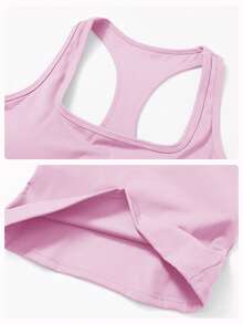 MFVIM Conjunto de activewear femenino de 2 piezas de alta elasticidad - Camiseta corta con sujetador incorporado y escote tipo deportivo, y falda-pantalón anti transparencia con mallas - Versátil para verano, para uso casual, tenis o yoga - Rosa - Ver 8
