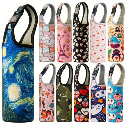 1 set Borsa portatile per bottiglia d'acqua a fantasia colorata, con tracolla, fodera termica per tazze, portabottiglie termico sottovuoto, comoda cus