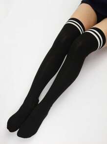 1 par de calcetines muslo alto de mujer de unicolor, estilosos y cómodos, con dos rayas, versátiles para todas las estaciones