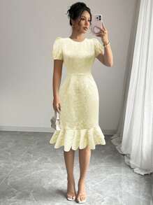 Abito elegante da donna con stampa floreale e tessuto lavorato, adatto per serate, matrimoni, ufficio, casual, stagione estiva