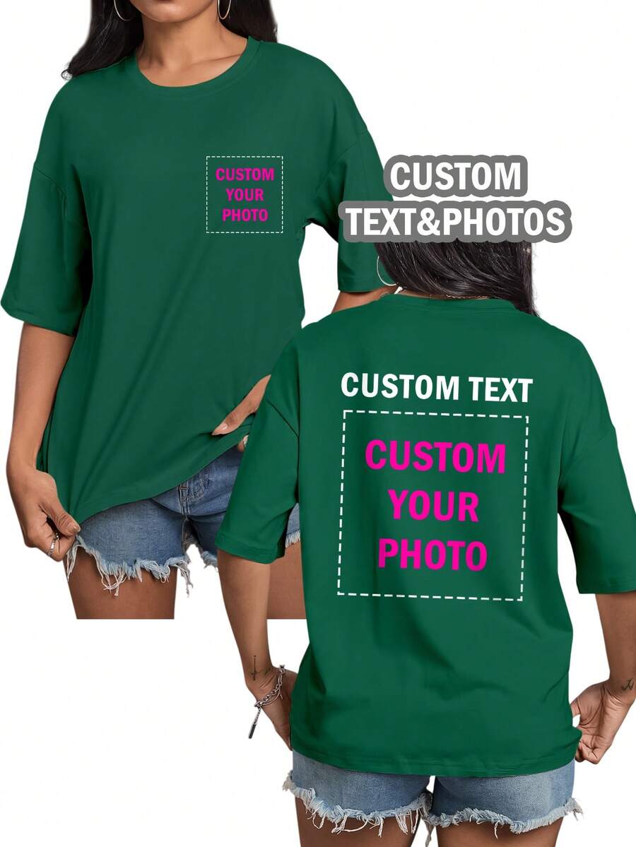 Hadiah Kustom yang Dipersonalisasi, Kaos Wanita Kustom, Atasan dengan Pola Depan dan Belakang Kustom, Tambahkan Foto Anda (Pola/Logo/Potret Keluarga/Selfie/Hewan Peliharaan/Foto Pasangan), Bagian Belakang Dapat Ditambahkan Teks dan Foto, Pilih Teks Favorit Anda, Rancang Kaos Cetak Eksklusif yang Dipersonalisasi, Hadiah untuk Pacar Anda. Musim Panas, Gaya Athleisure yang Elegan, Hadiah Ulang Tahun Olahraga - Dark Green - View 1