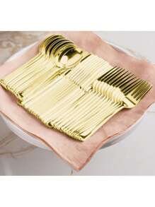150pcs/75pcs Decorative Silverware Set (Plastic) - Including 50pcs Forks, 25pcs Knives, 25pcs Tablespoons - Reusable Wedding Cutlery Set For Dining, Parties, Dinners, Weddings, Kitchen And Valentine's Day,School Supplies