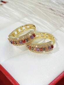 Fashionable Vintage Colorful Random Square Synthetic Zirconia Hoop Earrings, Unisex Personalized Accessory