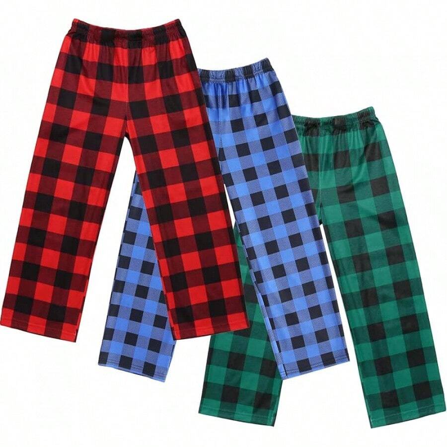 Boys Pajama Pants 3 Pack Sleep Pants Soft Elastic Waist Kids Pajama Bottoms Plaid Lounge Pants With 2 Pockets - Pattern 15 - 查看 1