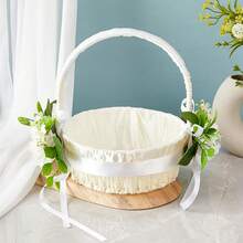 Flower Girl Basket For Wedding Artificial Flower Rattan Basket With Handle For Weddings Ceremony Party Decorations - White - View 2