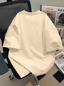 女童卡通猫印花短袖T恤，少女夏季圆领上衣/衬衫 - 杏色 - 查看 2