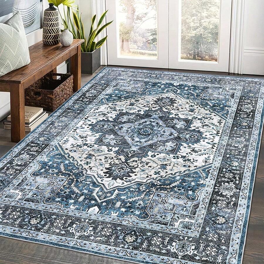 1 pieza Alfombra de área floral vintage azul, alfombra para sala de estar, alfombra para dormitorio, alfombra de oficina, de género neutro, bohemia, de granja, alfombra decorativa, decoración de dormitorio, alfombra pequeña, alfombra, decoración del hogar, alfombra para sala de estar, alfombra pequeña para sala de estar, alfombra para dormitorio, decoración del hogar para sala de estar, alfombra para exteriores, alfombra lavable