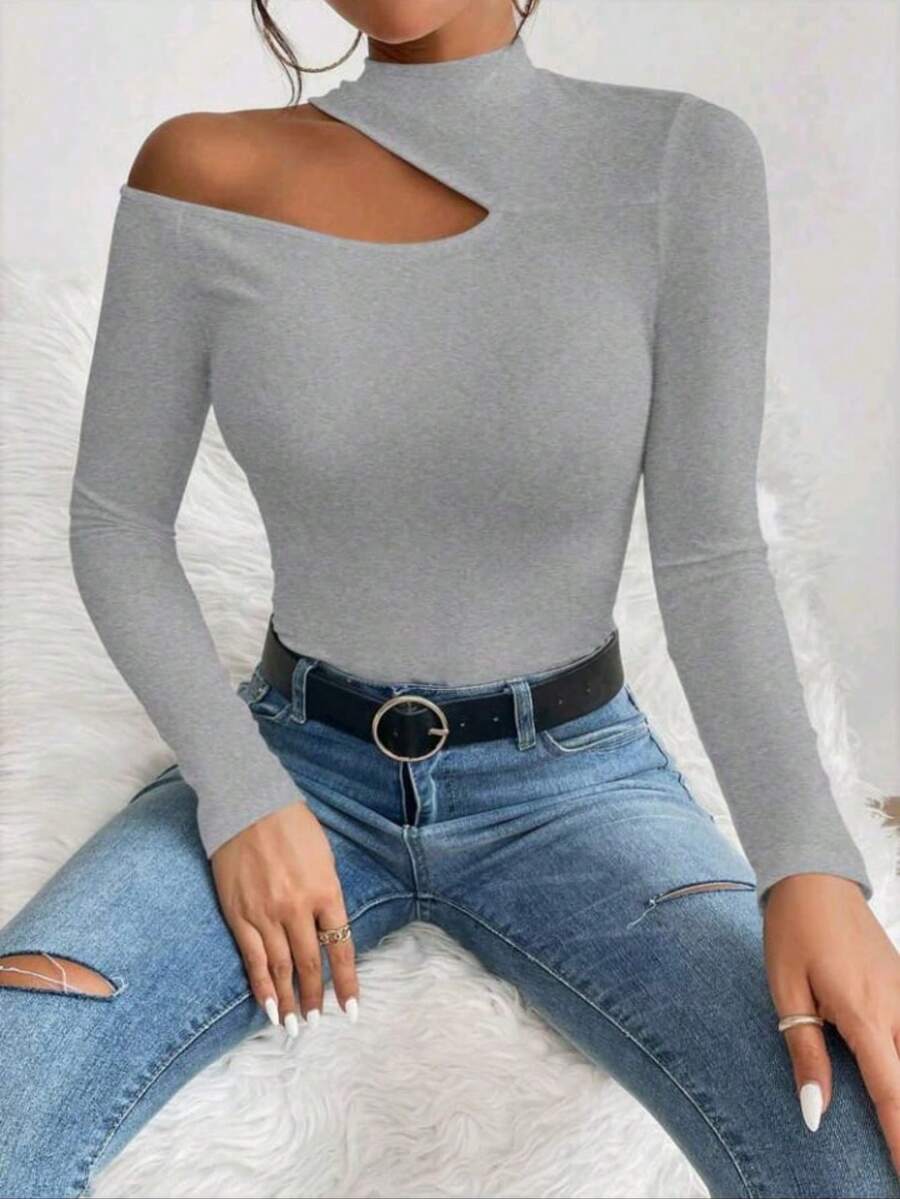 Women's T-Shirt Blouse Suplex Fabric Long Sleeve High Neck Asymmetrical Cut Ideal For Meetings And Casual Use - 灰色 - 查看 1
