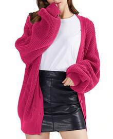 1 Women's Rose/Camel Loose Thick Warm Temperament Sweater Jacket For Home Travel Halloween Top Casual Women's Deep V Neck Drop Shoulder Button Rib-Knit Long Sleeve Midi Cardigan In Wool-Like Fabric - 玫紅色 - 查看 6