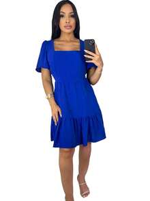 Vestido Curto de Duna  Simples    Tecido    Babado    Diário    Verão - Azul Royal - Visão 3