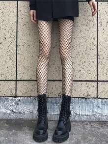 1 Pair Vintage Black Fashionable Fishnet Socks, E-Girl - Black - View 3